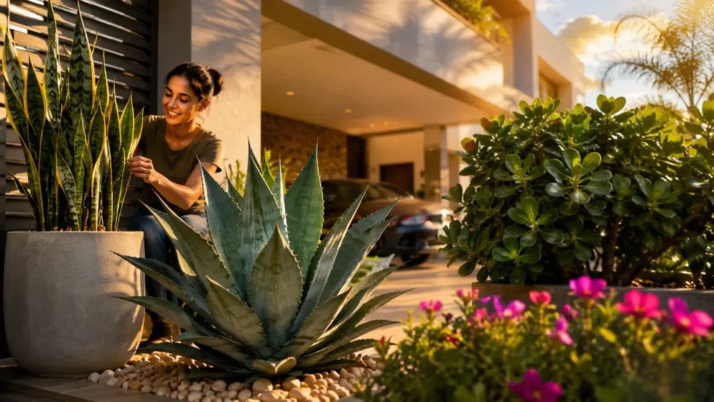 6 plantas resistentes ao sol pra deixar a garagem com aparência menos seca e criar um visual acolhedor que valoriza toda a frente da casa sem pesar o ambiente